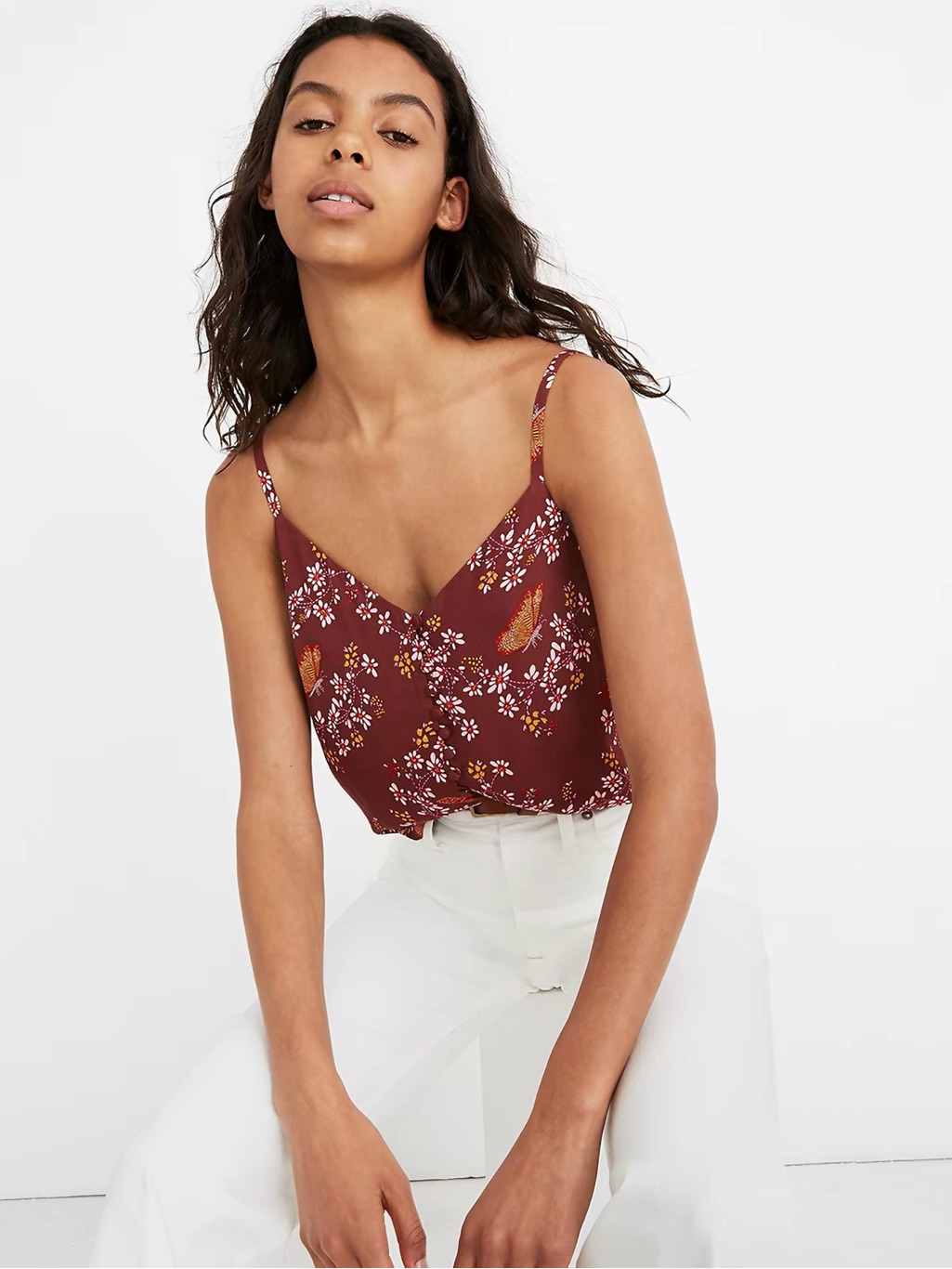 Madewell Red Butterfly Floral V-Neck Spaghetti Strap Cami Tank